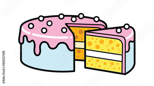 A colorful cartoon illustration of a cake with a slice cut out