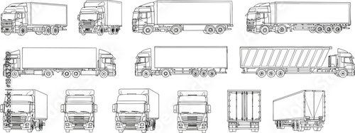 Collection of outlined vector cargo trucks, various transport lorry side and front views, logistics trailer bundle, delivery truck illustrations, black and white truck set