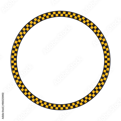 Round taxi or police frame with black and yellow chequered pattern isolated on white background. Circular vignette with checkerboard print. Circle shaped framework. Vector flat illistration