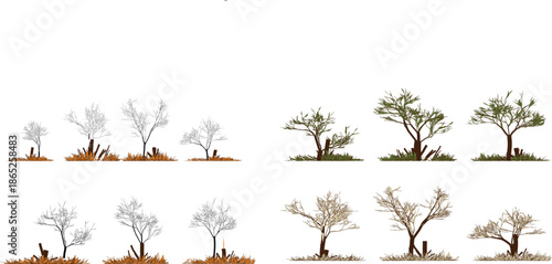 Collection of bare and leafy trees with grass and stumps in various shades