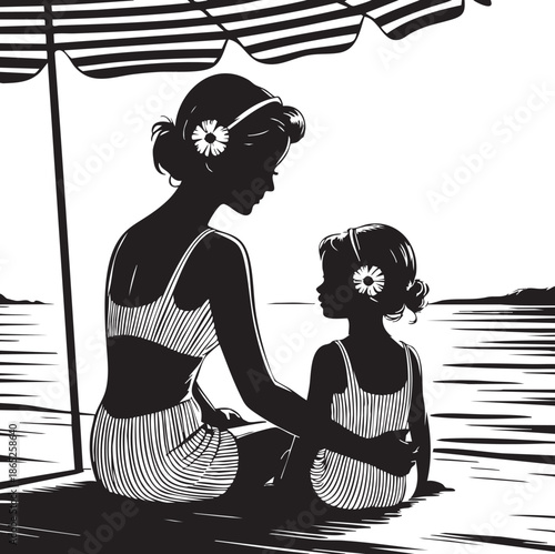 Mother and daughter sit together under a beach umbrella on the serene ocean shore enjoying a relaxing summer day with happiness and love.