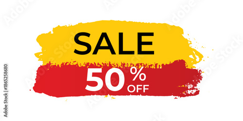Yellow and red brush stroke background with black text sale 50 percent off white text