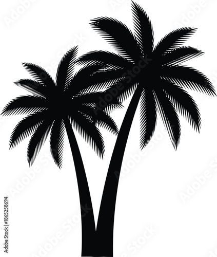 Silhouette of twin palm trees against a white background