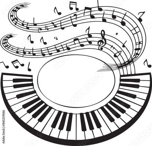 Elegant black and white illustration of piano keys with flowing musical notes on a subtle gradient background creating a harmonious visual symphony perfect for various music related designs.