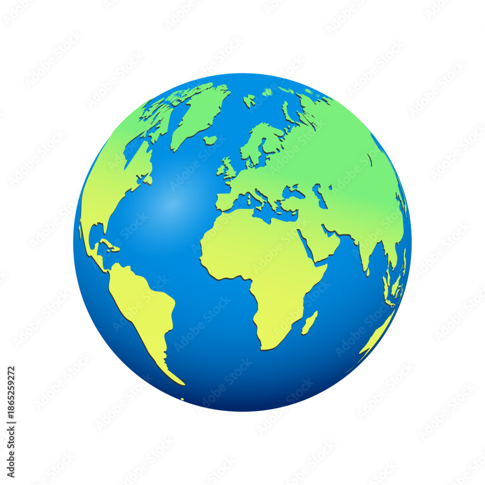 Naklejka premium Planet earth illustration showing continents Europe Africa Asia Americas over blue ocean on white