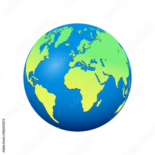 Planet earth illustration showing continents Europe Africa Asia Americas over blue ocean on white