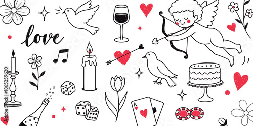 Romantic hand-drawn doodle elements celebrating love, featuring a cupid, doves, flowers, and celebration symbols