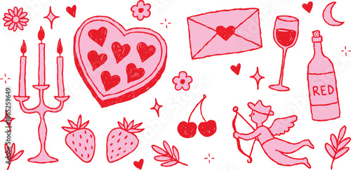 Festive Valentine's Day and Romantic Symbols Clipart Set - Hand Drawn Style