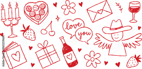 Whimsical hand-drawn Valentine's Day doodle collection featuring romantic elements, hearts, and gifts, perfect for expressing love and affection on special occasions