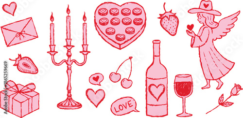 Heartfelt Hand-Drawn Valentine's Collection A Whimsical Doodle Set of Romantic Symbols, Sweet Treats, Gifts, and Festive Elements for Love and Celebration