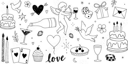 Valentine's Day and Celebration Icons Love, Romance, and Festive Symbols Hand-Drawn Collection