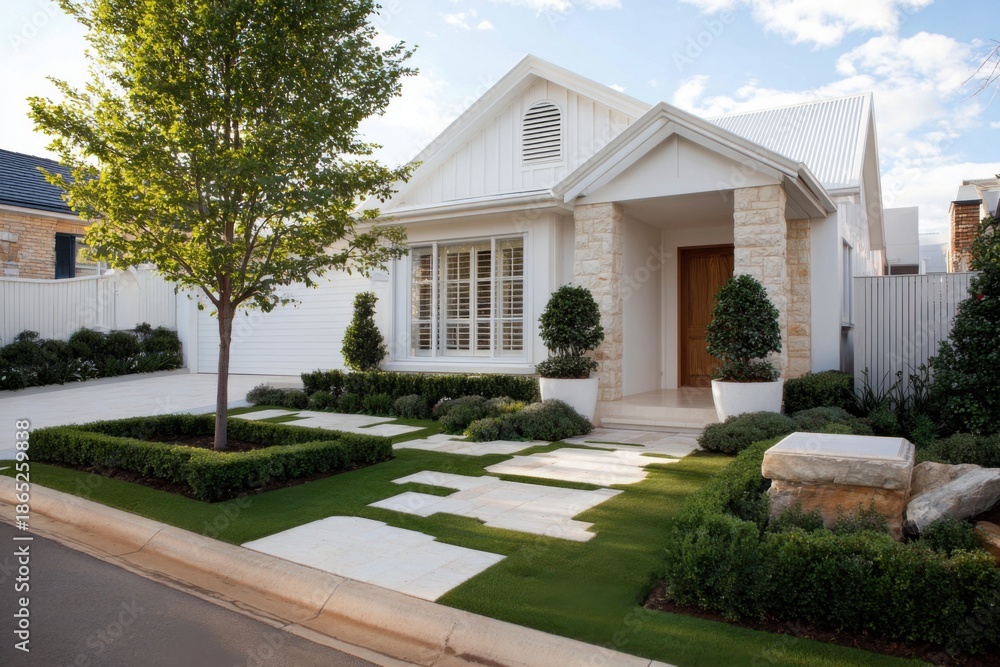 Fototapeta premium New house with modern landscape design located in a quiet neighborhood showing a well-maintained front yard and clear skies in the afternoon