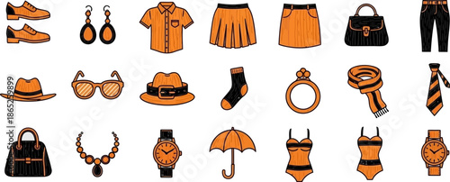 Capsule Wardrobe Fashion Icons Set in Orange and Black for Outfit Builder Design