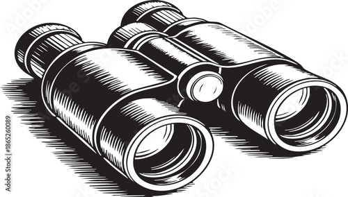 Pair of binoculars illustrated in black and white on a white background showcasing a vintage style perfect for outdoor and adventure themes.