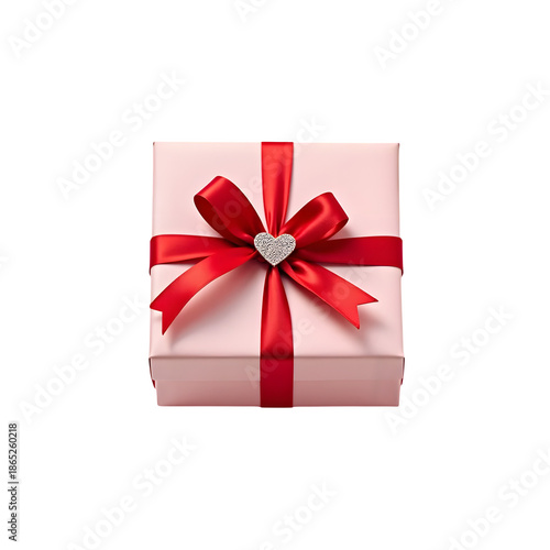 Valentine Gift Box with Red Ribbon and Heart Decoration, Transparent Background