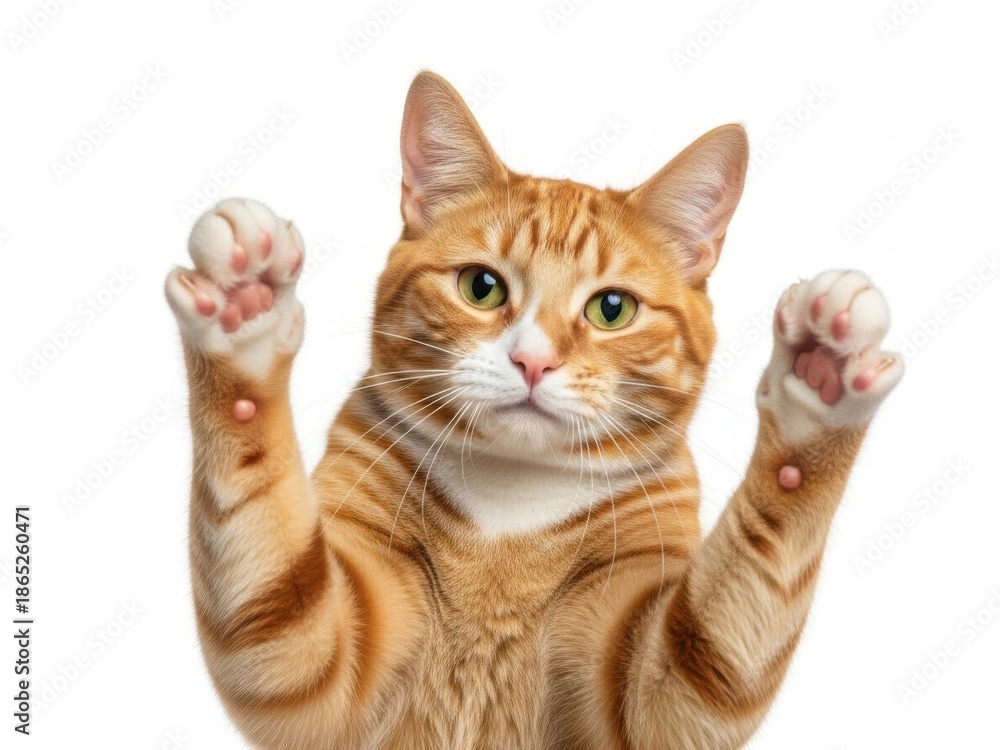 Obraz premium An orange cat with white paws isolated on white background