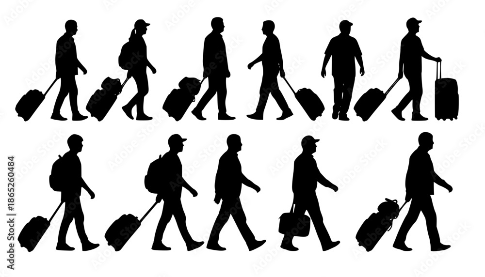 Fototapeta premium silhouettes of people walking , Silhouettes of people walking with luggage and bags travel on transparent background , no background