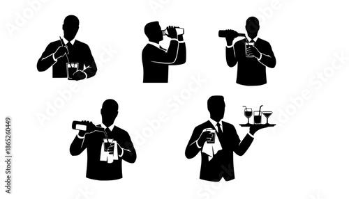 Set of bartender silhouette vector on white background