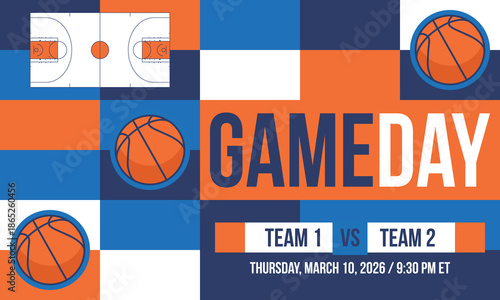 Game Day. Basketball playoff in March. Super sport party in United States. Final games of season tournament. Professional team championship. Ball for basketball. Sport poster. Vector