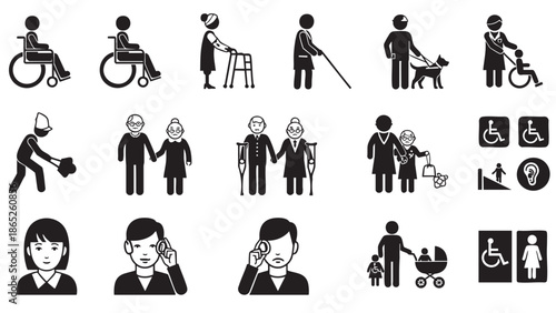 Collection of disability and accessibility icons representing daily activities
