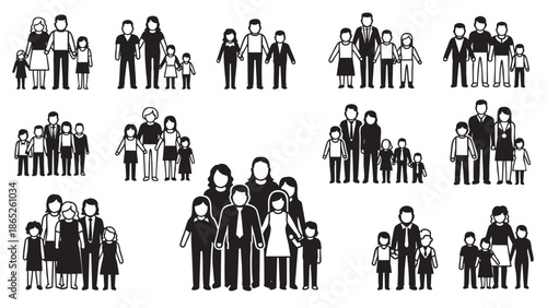 Diverse family generations standing together in various group arrangements