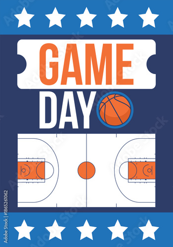 Game Day. Basketball playoff in March. Super sport party in United States. Final games of season tournament. Professional team championship. Ball for basketball. Sport poster. Vector