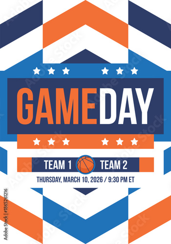 Game Day. Basketball playoff in March. Super sport party in United States. Final games of season tournament. Professional team championship. Ball for basketball. Sport poster. Vector