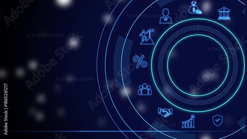 Business finance on neon blue background with circular motion and symbols of economy growth and security