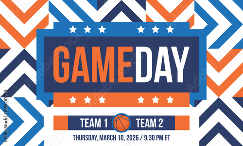 Game Day. Basketball playoff in March. Super sport party in United States. Final games of season tournament. Professional team championship. Ball for basketball. Sport poster. Vector