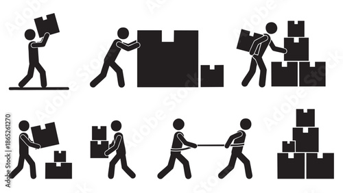 Flat design illustration of people moving and stacking cardboard boxes