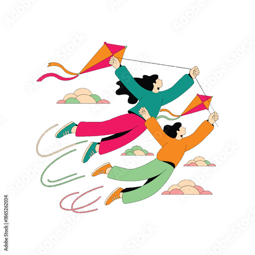People Flying Colorful Kites Vector
