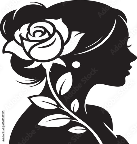Elegant black silhouette of a woman with a beautiful rose in her hair, symbolizing love, beauty, and femininity perfectly, showcasing a simple yet artistic and delicate illustration.