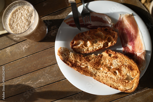 homemade breakfast with bread salmon ham eggs or chocolate in the morning