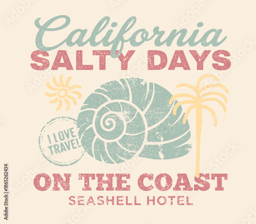 California Vintage Abstract palm tree and surfboard art. Coastal vibes. Summer good vibes vector graphic design for apparel, Sea shell drawing.