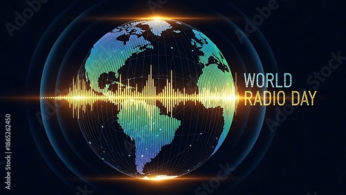 World radio day globe with sound wave on black background illustration
