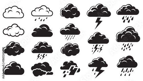 Set of weather cloud icons with different conditions and expressions