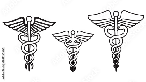 Set of three minimalist caduceus medical symbols with wings isolated