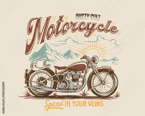 Hand drawing Motorcycel illustration. vintage  motor bike graphics in vector. cowboy cap with motorbike. tee t-shirt design . motor graphic tee.