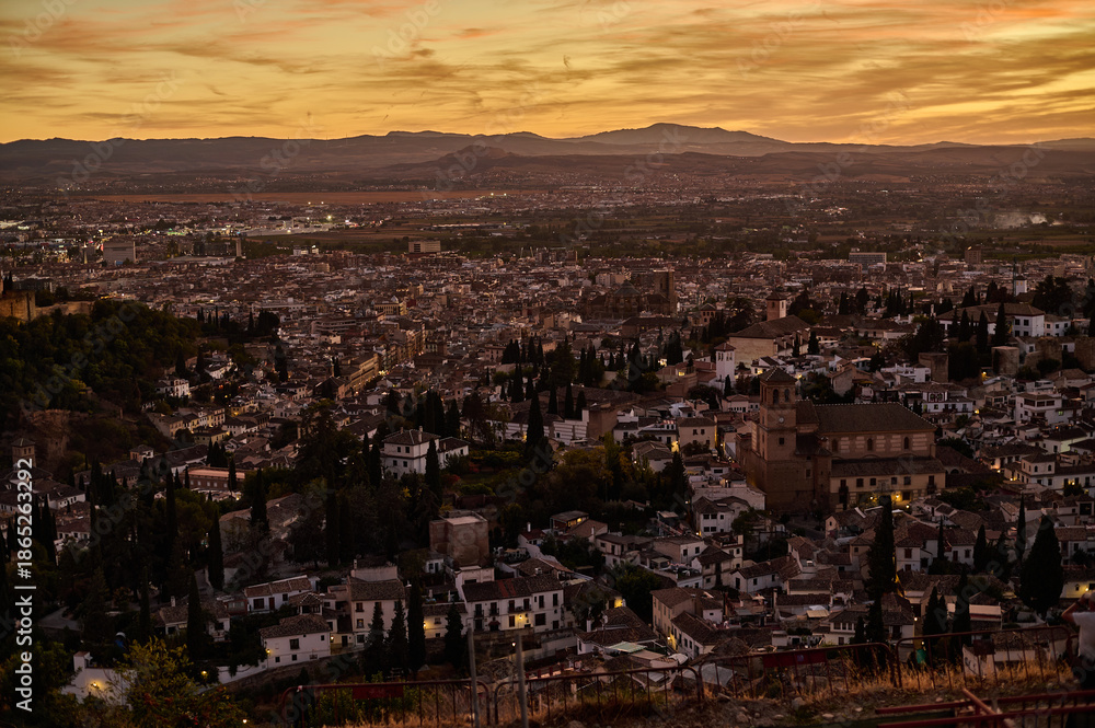 Fototapeta premium Sunset panoramic view of the Albaicin district from San Miguel Alto viewpoint in Granada