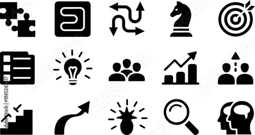 Collection of business and strategy icons on white background