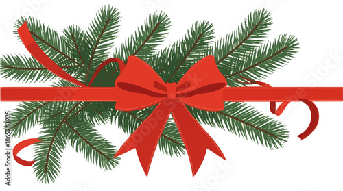 Vector illustration of pine tree branches with lush green needles and brown trunks, adorned with a vibrant red bow and flowing ribbons, in a flat design