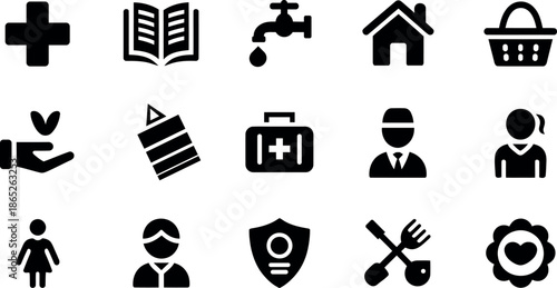 collection of various black silhouette icons on white background
