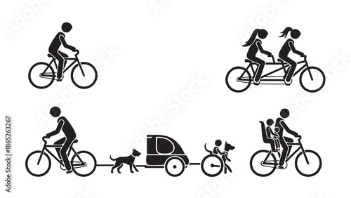 Vector illustrations of people riding bicycles with pets and passengers