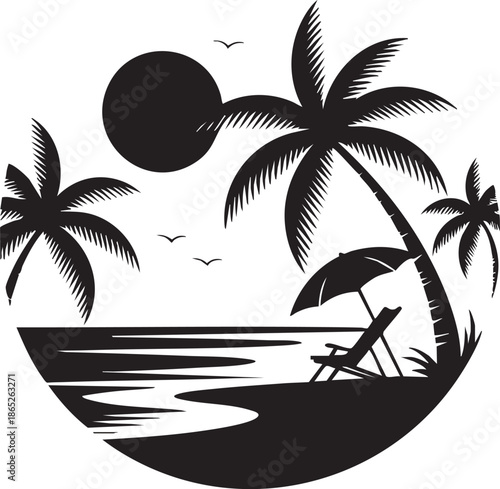 Illustration of a tranquil beach scene with palm trees, a deck chair, and seagulls flying in the sky, symbolizing a relaxing and idyllic vacation.