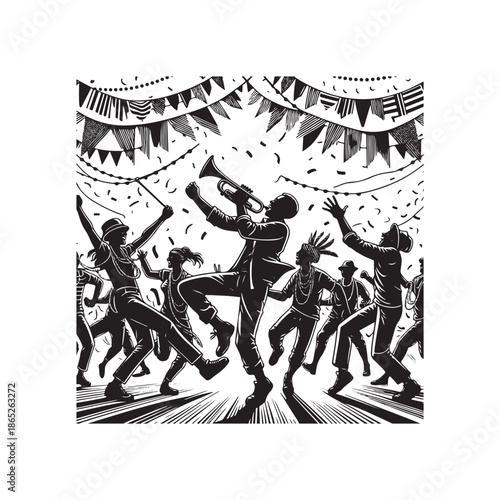 Street Carnival Dancing Line Art Vector