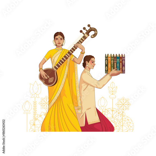 Indian Classical Culture with Veena Illustration