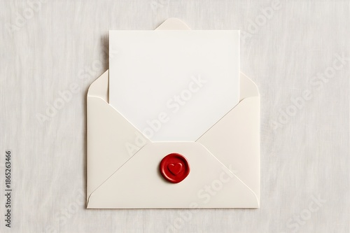Minimalist Open Envelope with Heart Wax Seal and Blank Card Flat Lay