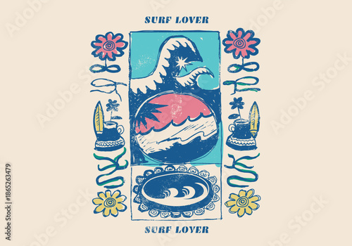 hand drawing Summer surf lover graphics. vintage grunge with surf motif. big waves drawing with flowers. men's women's kid's t-shirt sweartshirt design in vector.