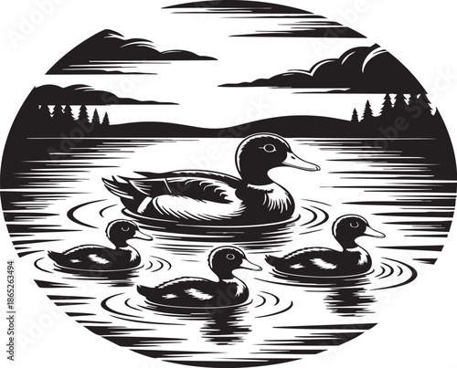 Ducks peacefully float on calm lake water surrounded by majestic mountains and trees in the background creating a serene and peaceful forest atmosphere in this beautiful black and white illustration.