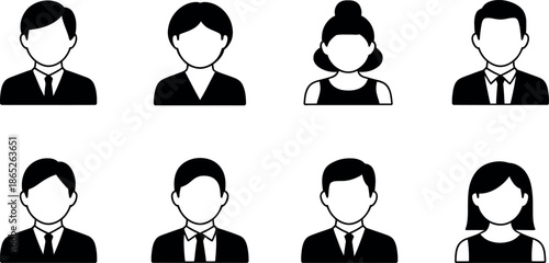 eight people icons in black and white